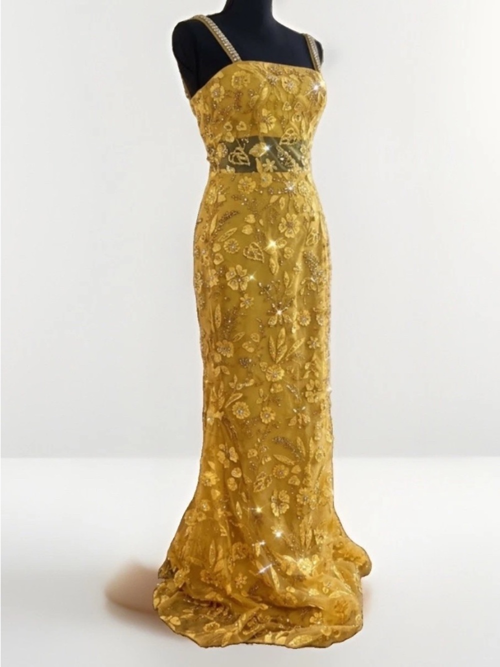 NWT Aria Amber Sparkling Mermaid Floral Tulle Embellished Maxi Dress orig $398